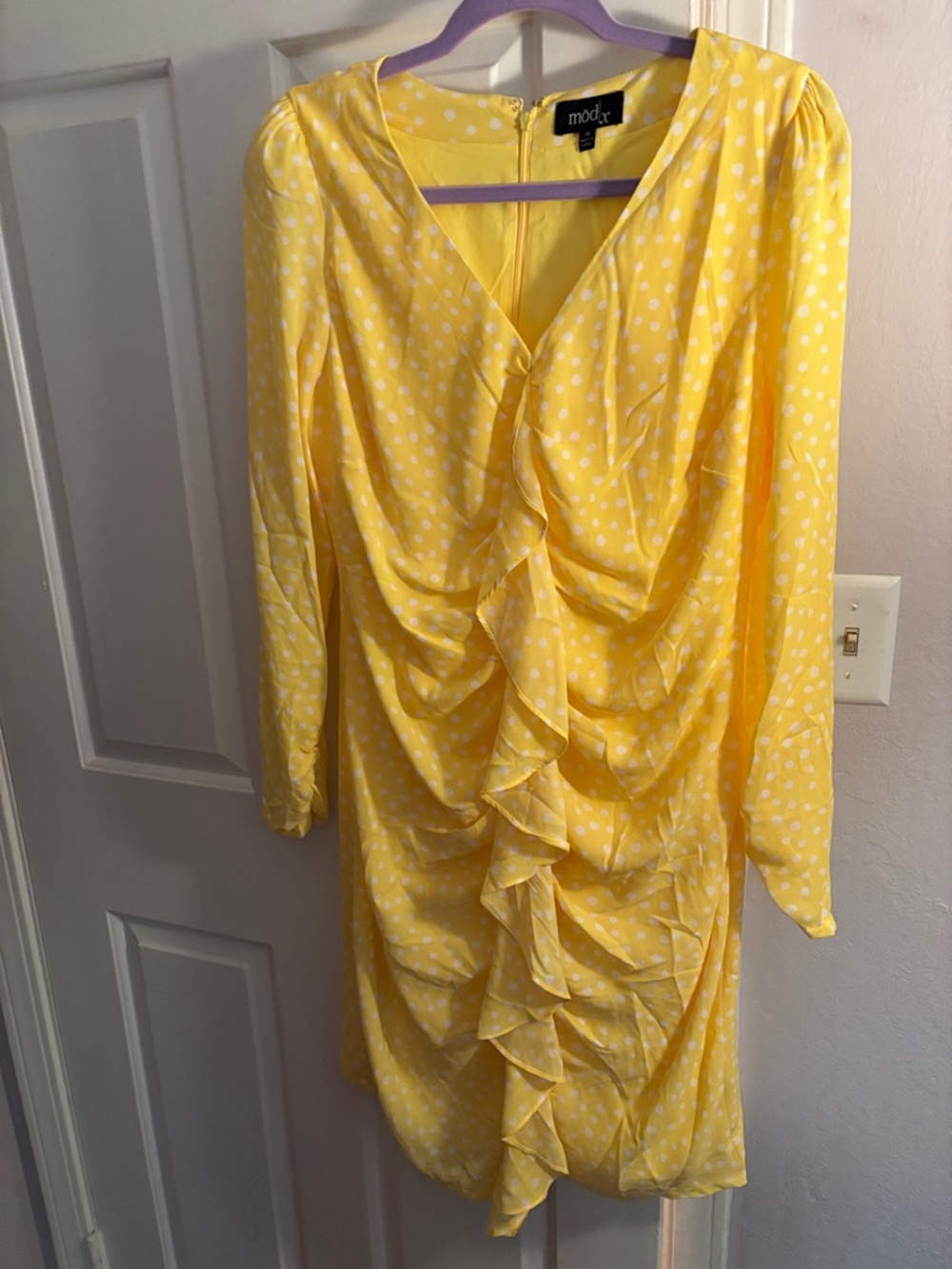 Moda Polka Dot Yellow Ruffle Long Sleeve Dress